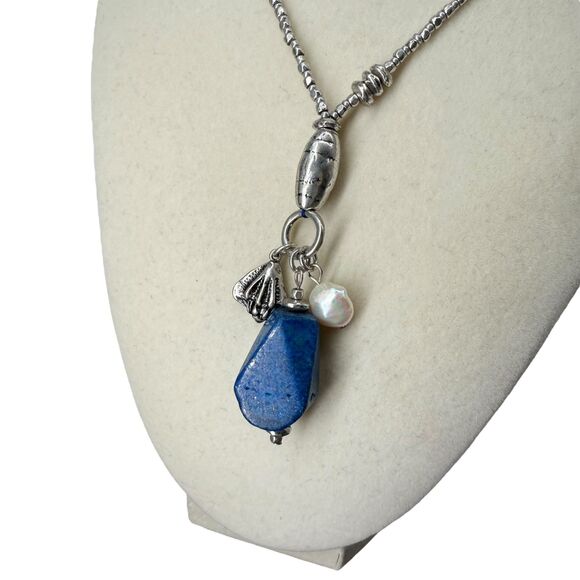 J. Jill Charm Necklace Lapis Stone Shell Pearl Beaded Silver Tone Adjustable NWT - Picture 4 of 9